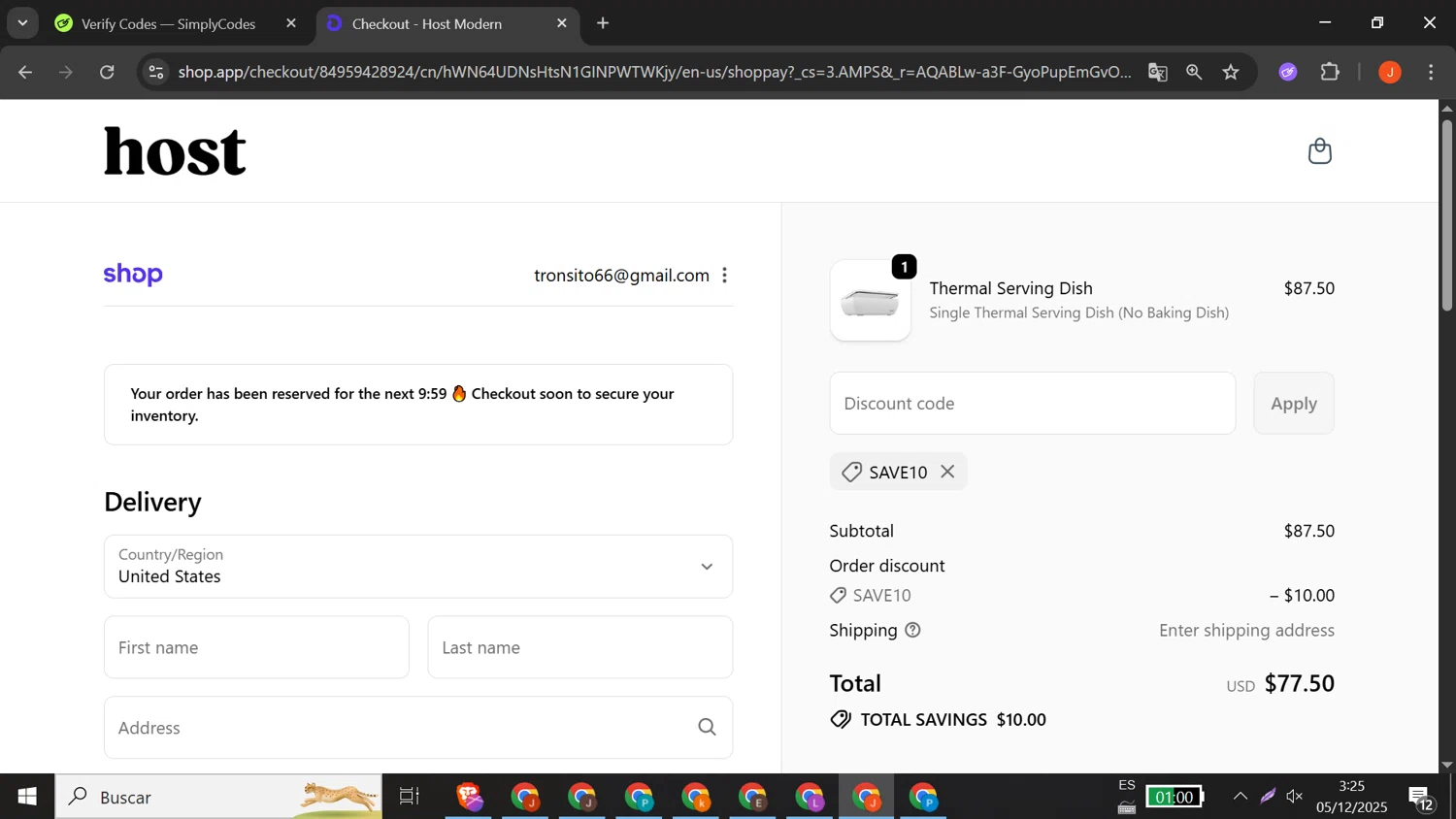 Host Modern discount code screenshot showing code SAVE10 applied at Host Modern checkout page. Uploaded by SimplyCodes community member RewardLion5095 on Dec 5, 2025