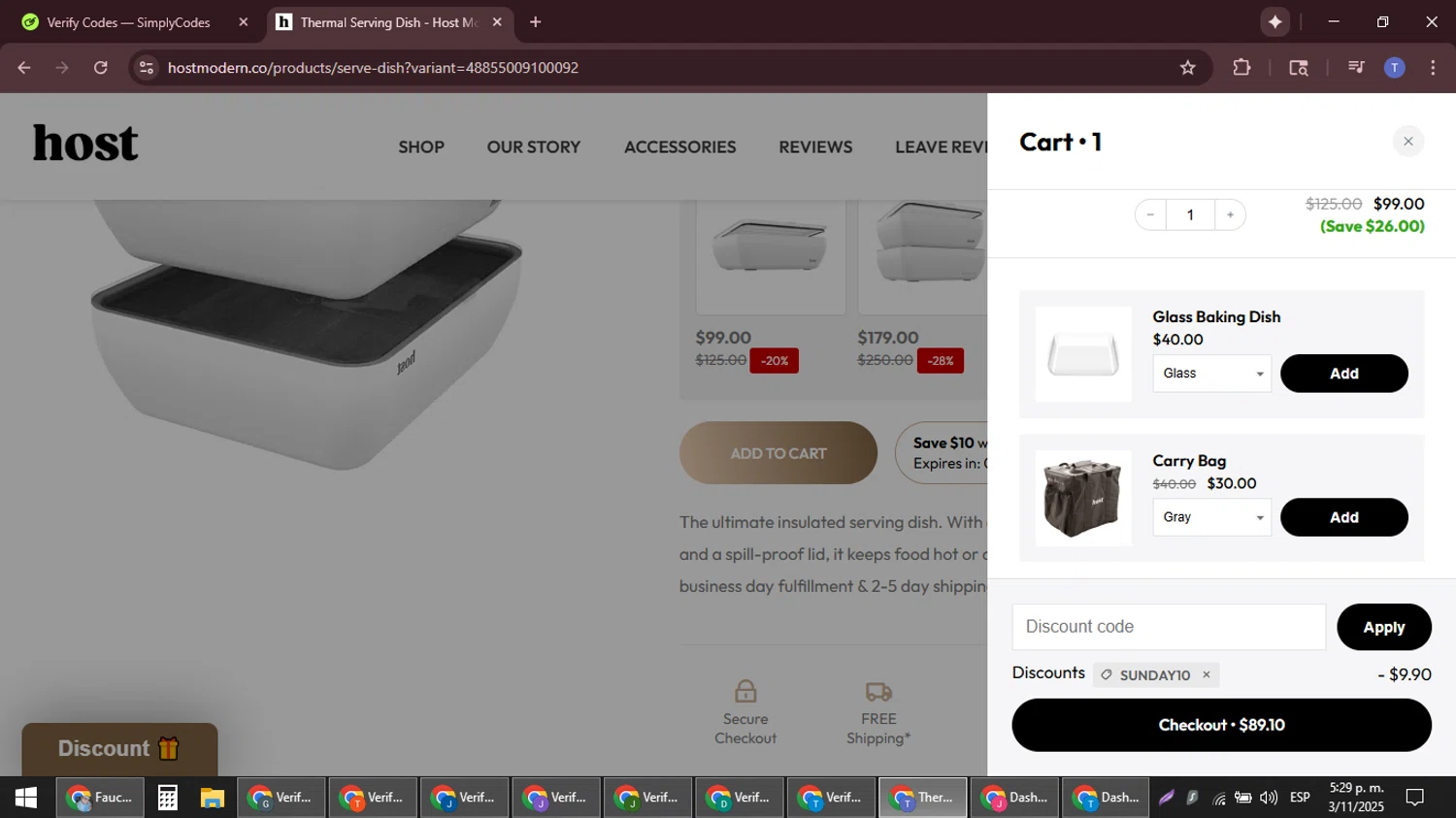 Host Modern discount code screenshot showing code SUNDAY10 applied at Host Modern checkout page. Uploaded by SimplyCodes community member snidertom8 on Nov 3, 2025