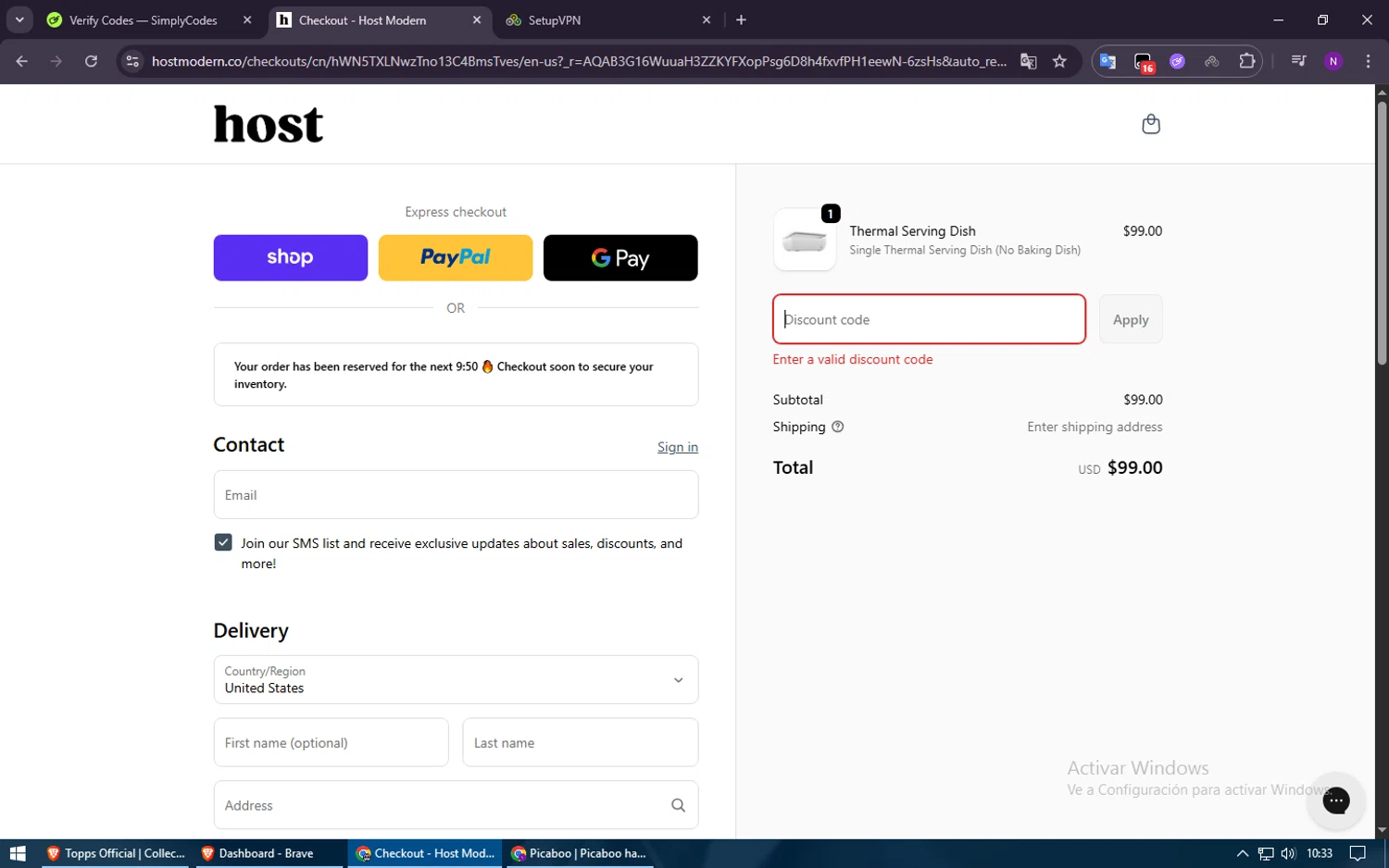 Host Modern discount code screenshot showing code HOST10 applied at Host Modern checkout page. Uploaded by SimplyCodes community member Voucher200 on Nov 19, 2025