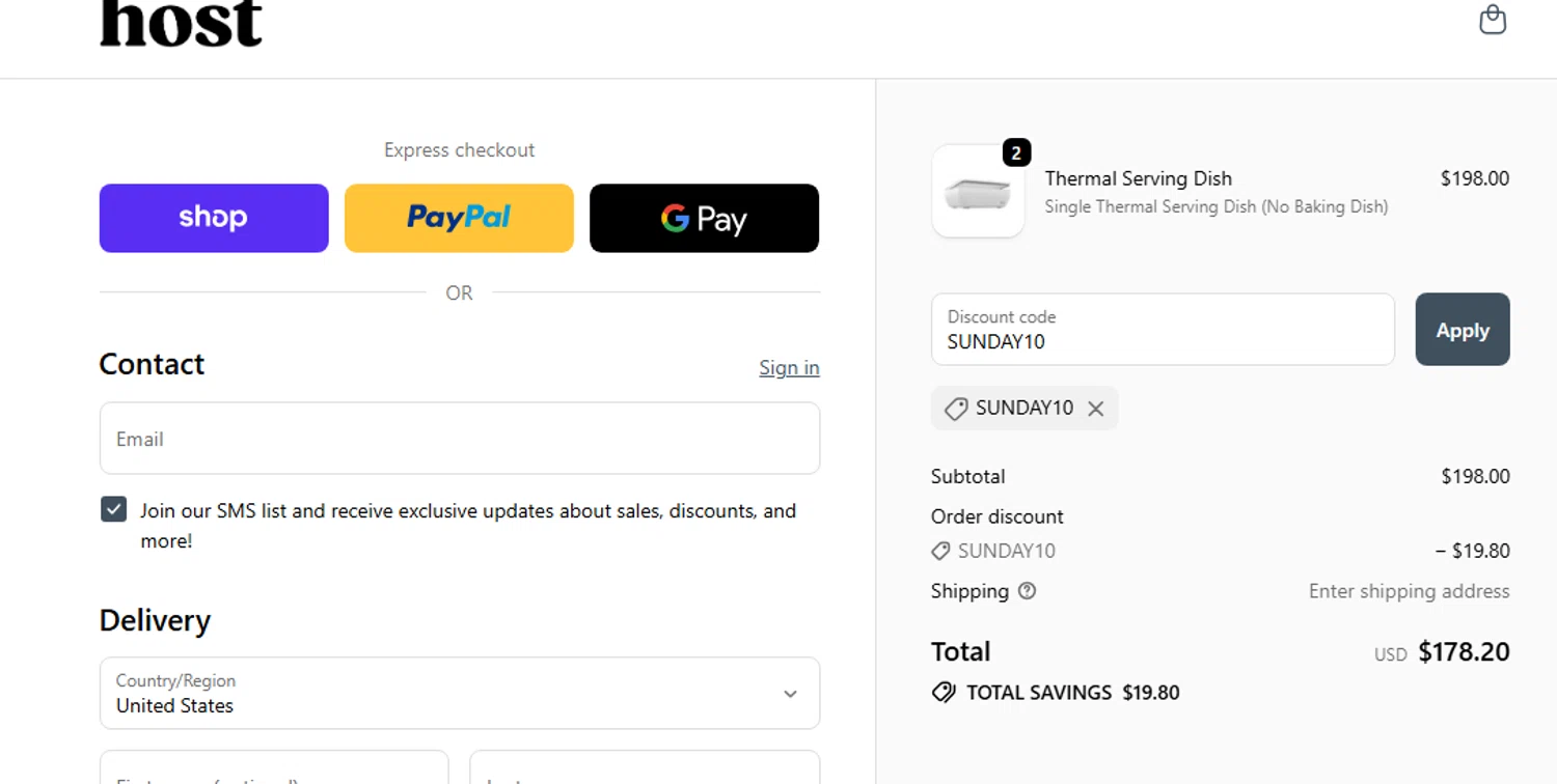 Host Modern discount code screenshot showing code SUNDAY10 applied at Host Modern checkout page. Uploaded by SimplyCodes community member Jhonny on Oct 5, 2025