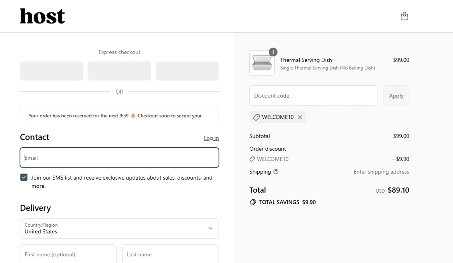 Host Modern discount code screenshot showing code WELCOME10 applied at Host Modern checkout page. Uploaded by SimplyCodes community member aumentadax10 on Aug 3, 2025