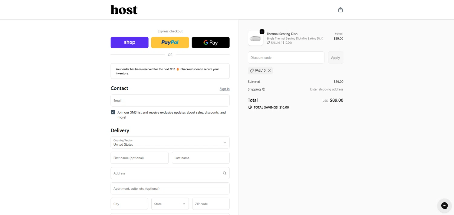 Host Modern discount code screenshot showing code FALL10 applied at Host Modern checkout page. Uploaded by SimplyCodes community member ivantorres on Sep 27, 2025