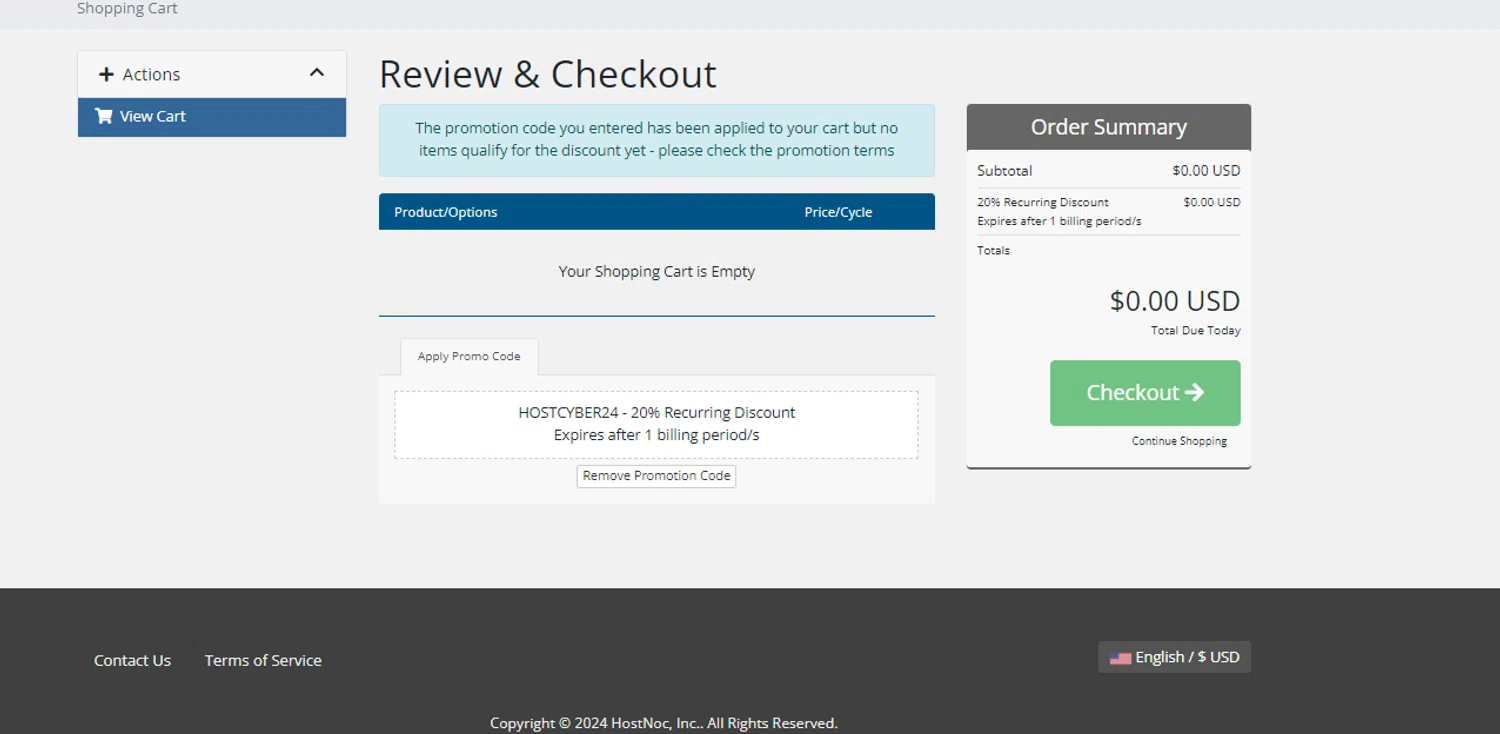 HostNoc checkout page showing HostNoc promo code box | Screenshot taken by SimplyCodes community member on Dec 29, 2024