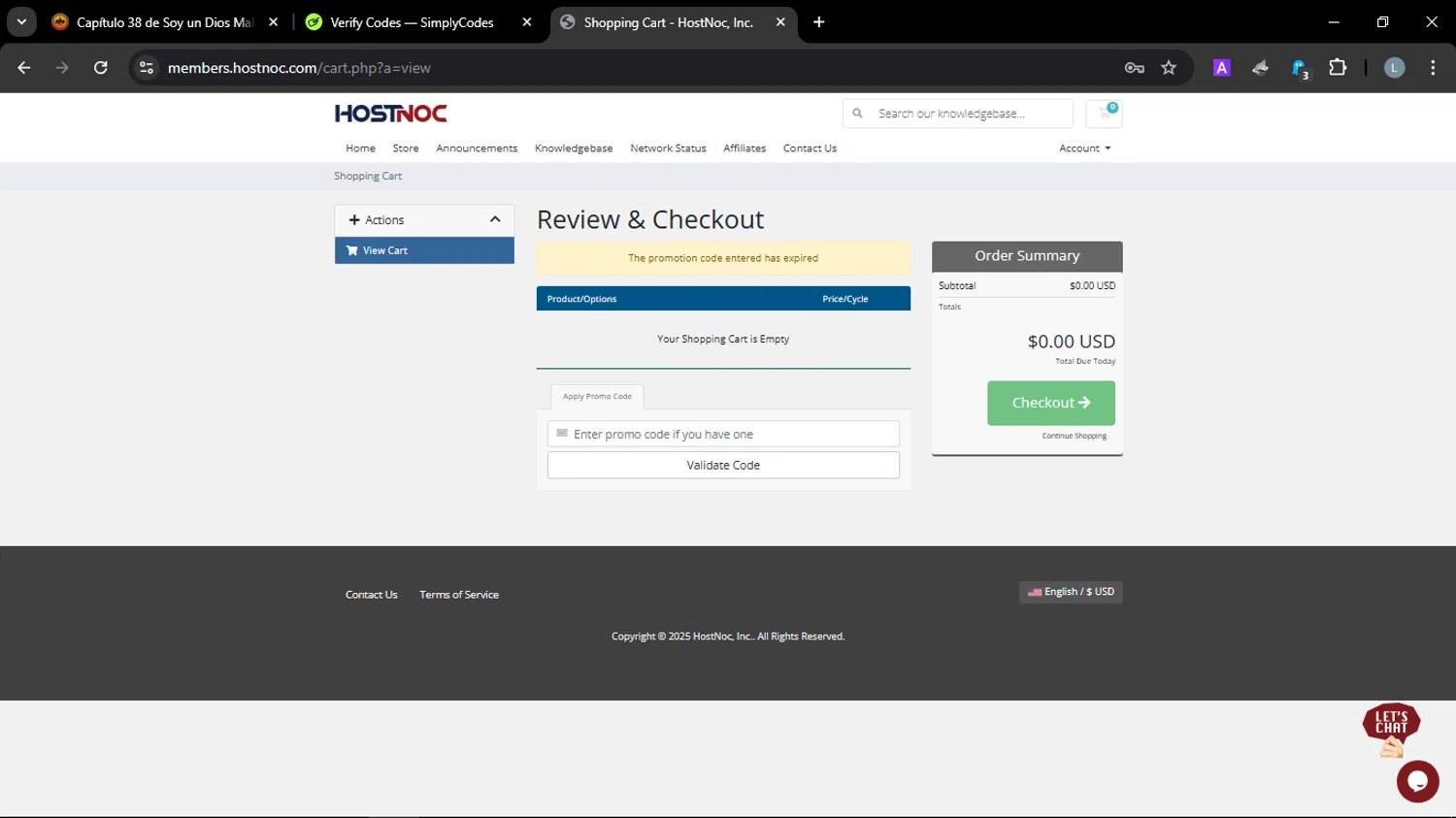 HostNoc promo code screenshot showing code SIMPLYCODESHOST25 applied at HostNoc checkout page. Uploaded by SimplyCodes community member JuanChi on Mar 1, 2025