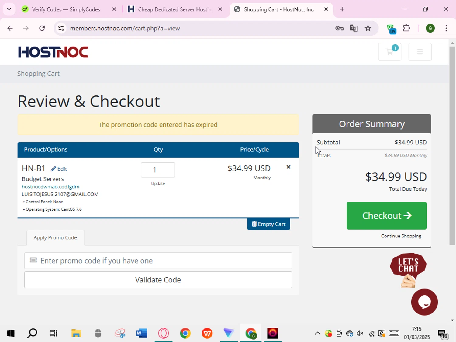 HostNoc promo code screenshot showing code SIMPLYCODESHOST25 applied at HostNoc checkout page. Uploaded by SimplyCodes community member RoyalVirtuoso7438 on Mar 1, 2025