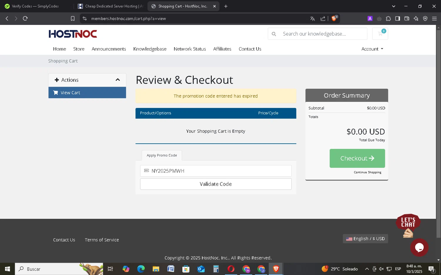 HostNoc promo code screenshot showing code NY2025PMWH applied at HostNoc checkout page. Uploaded by SimplyCodes community member FrugalMonarch7277 on Mar 10, 2025