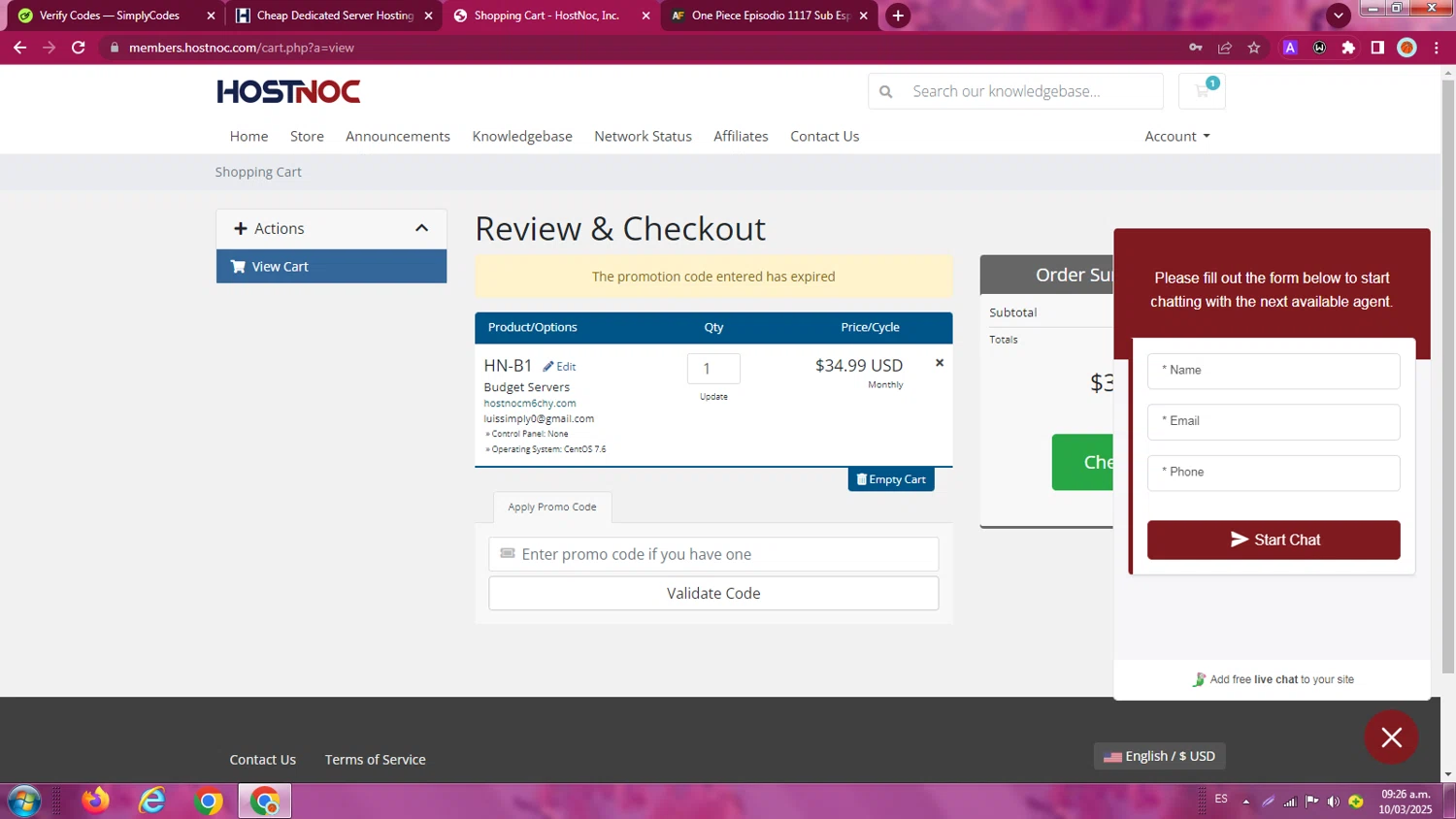HostNoc promo code screenshot showing code NY2025PMWH applied at HostNoc checkout page. Uploaded by SimplyCodes community member LegendaryBoss7060 on Mar 10, 2025