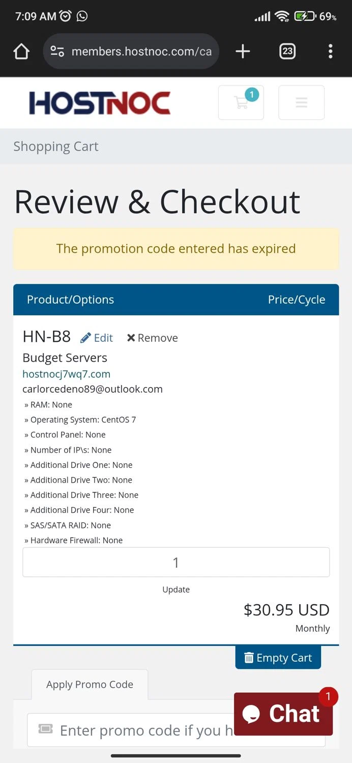 HostNoc promo code screenshot showing code NY2025EPWH applied at HostNoc checkout page. Uploaded by SimplyCodes community member Mortek on Feb 9, 2025