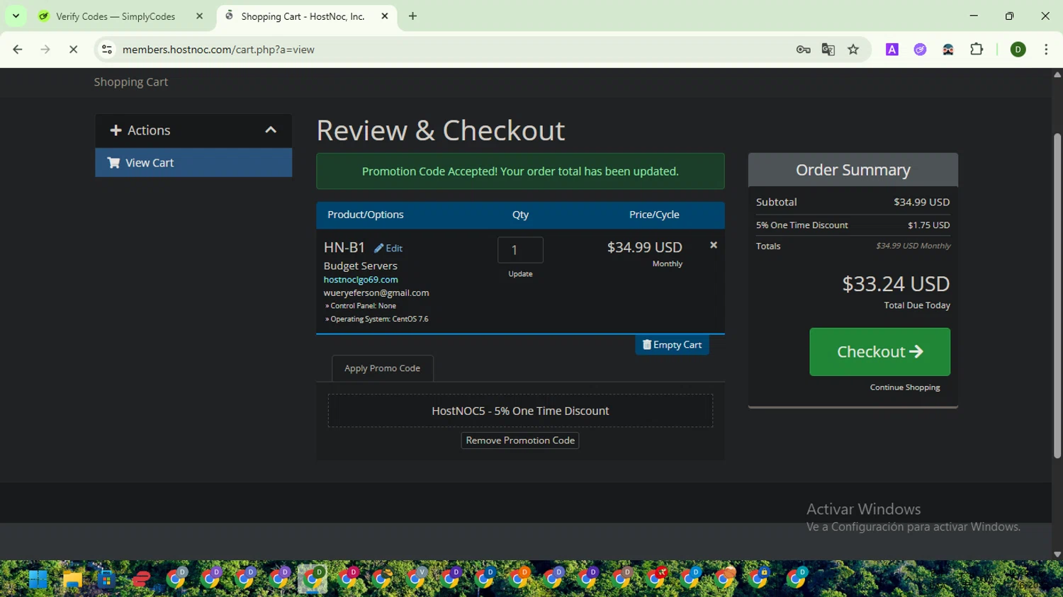 HostNoc checkout page showing HostNoc promo code box | Screenshot taken by SimplyCodes community member on Jun 14, 2025