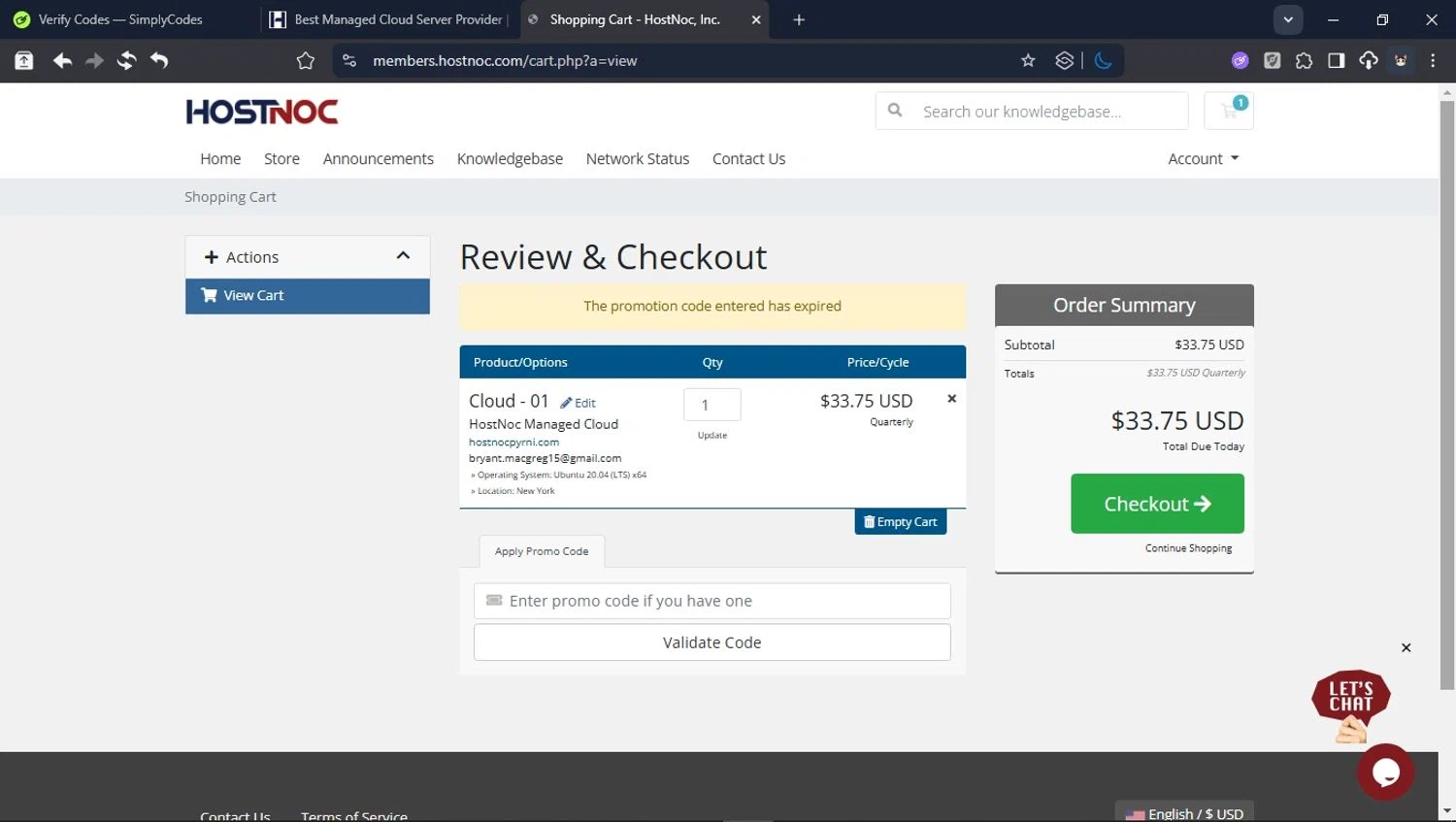 HostNoc promo code screenshot showing code HostNOC5 applied at HostNoc checkout page. Uploaded by SimplyCodes community member BrilliantTitan6909 on Dec 6, 2025