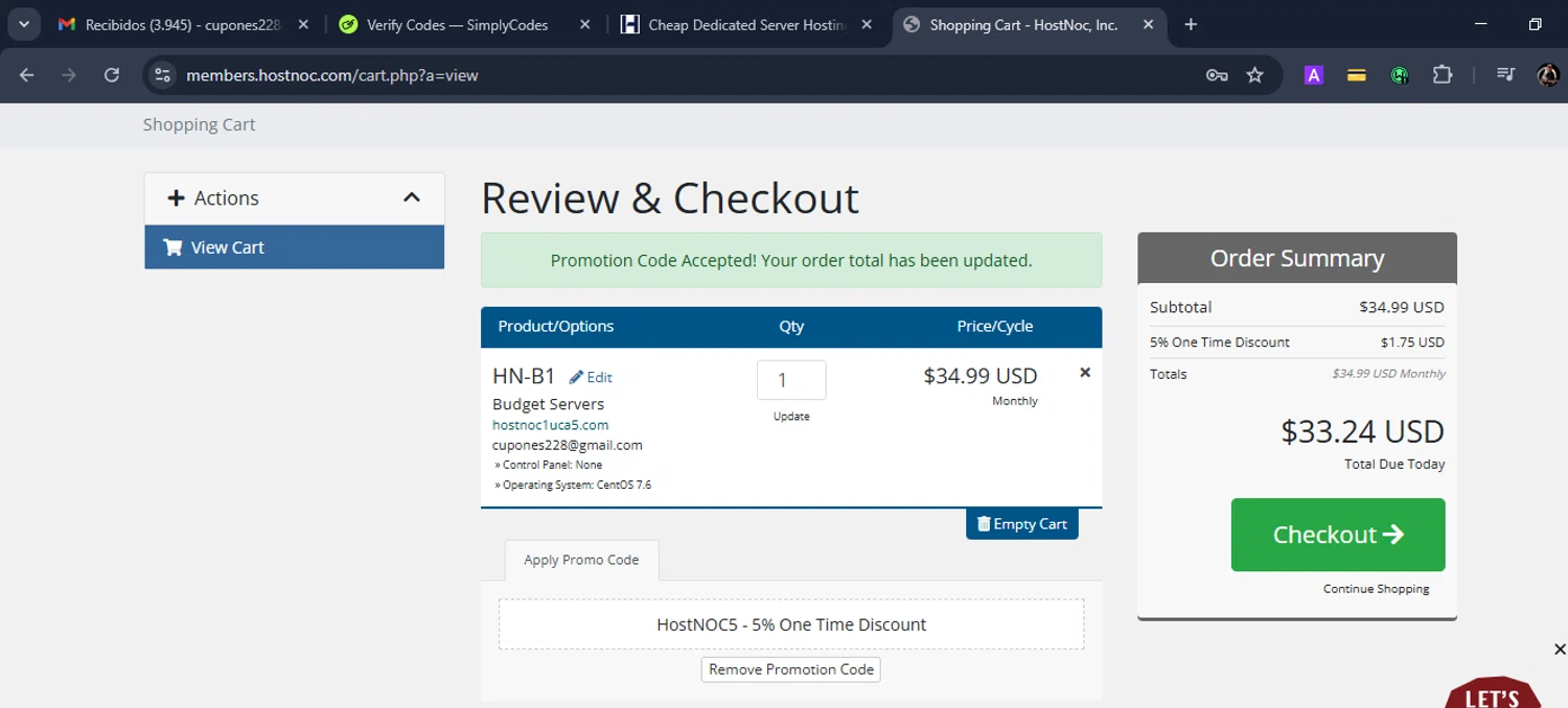 HostNoc checkout page showing HostNoc promo code box | Screenshot taken by SimplyCodes community member on Sep 16, 2025