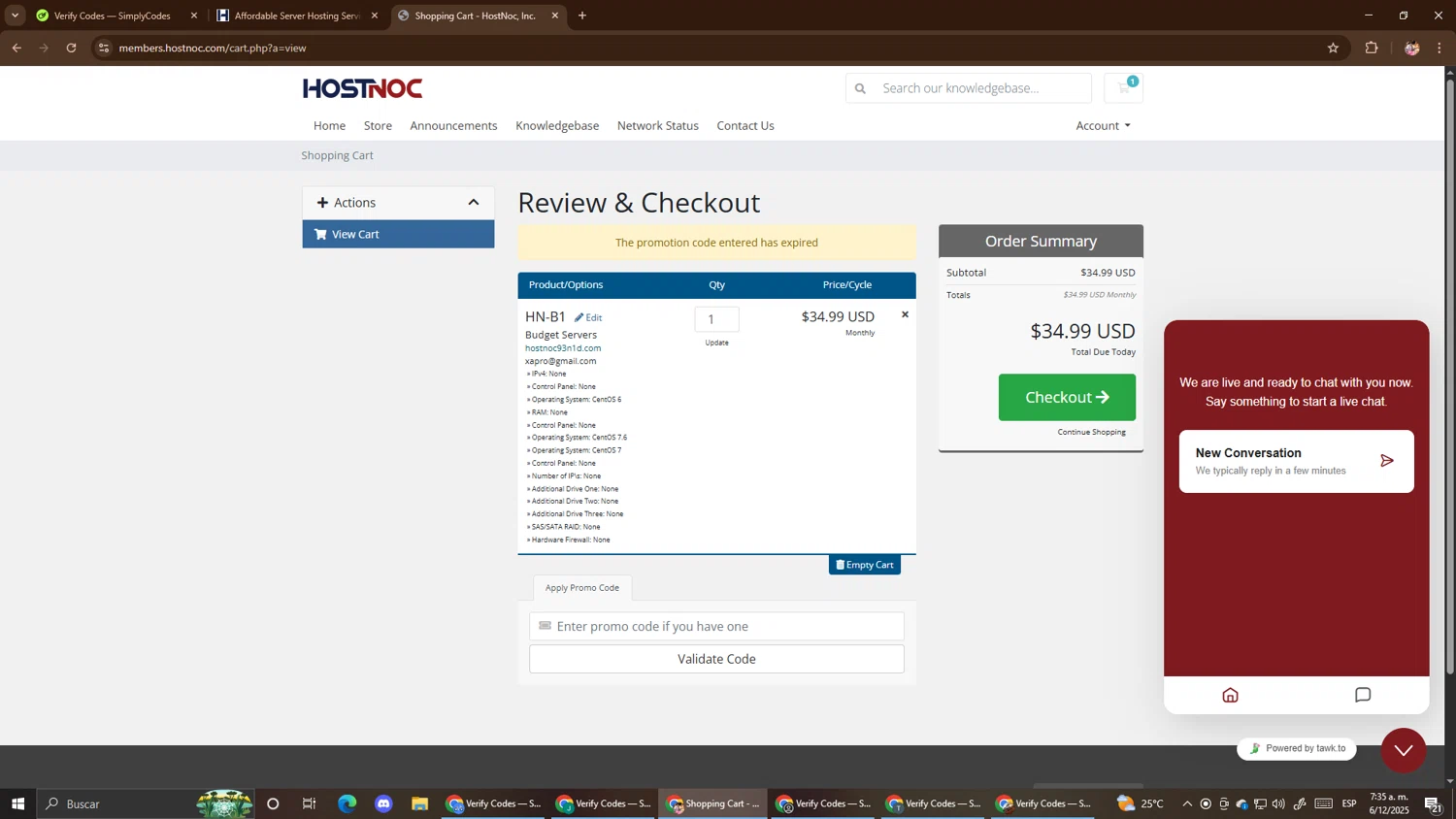 HostNoc promo code screenshot showing code HostNOC5 applied at HostNoc checkout page. Uploaded by SimplyCodes community member El_mynor on Dec 6, 2025