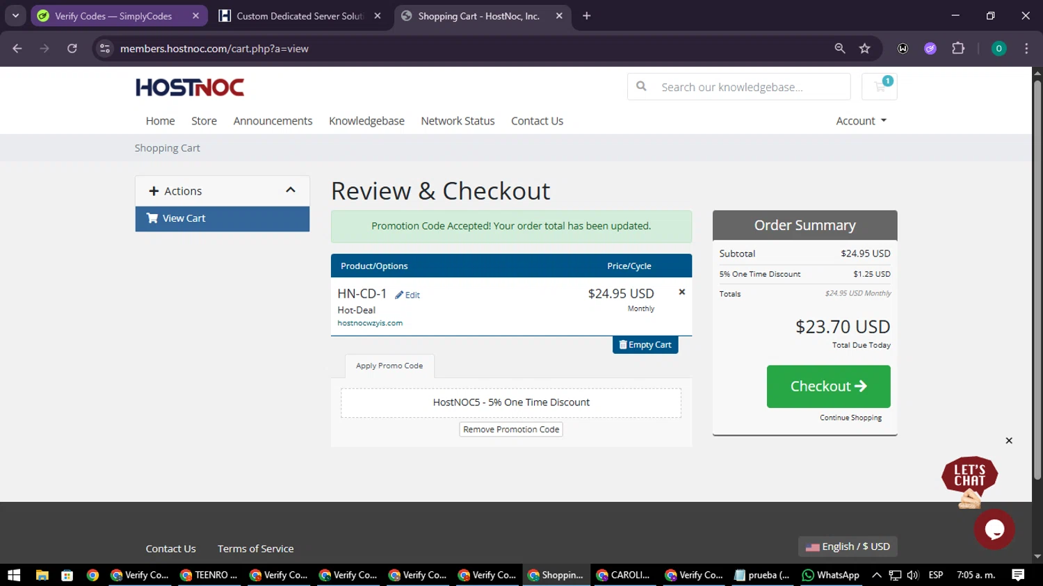 HostNoc promo code screenshot showing code HostNOC5 applied at HostNoc checkout page. Uploaded by SimplyCodes community member LuckyDefender9428 on Oct 15, 2025