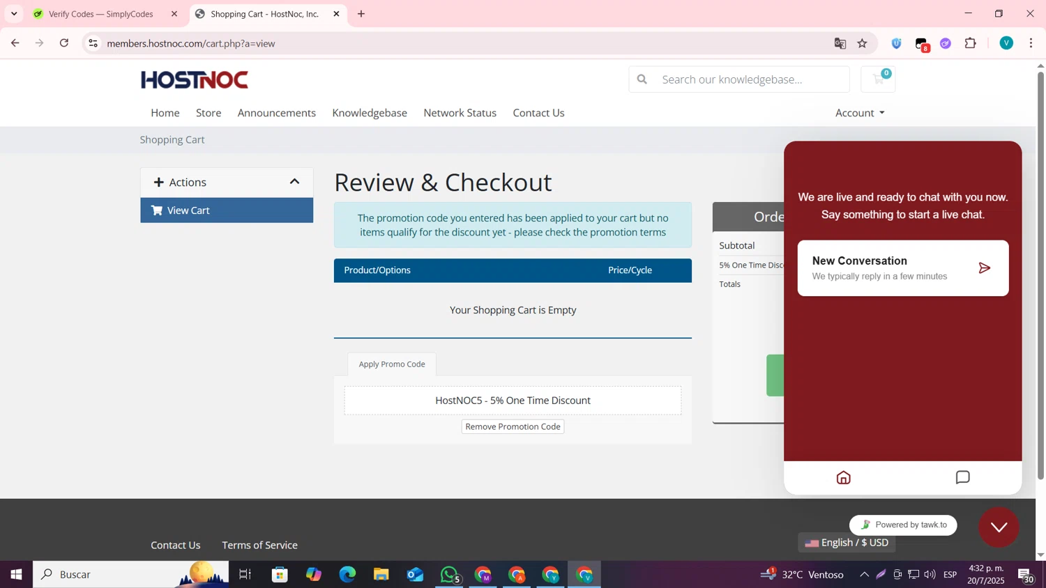 HostNoc checkout page showing HostNoc promo code box | Screenshot taken by SimplyCodes community member on Jul 20, 2025