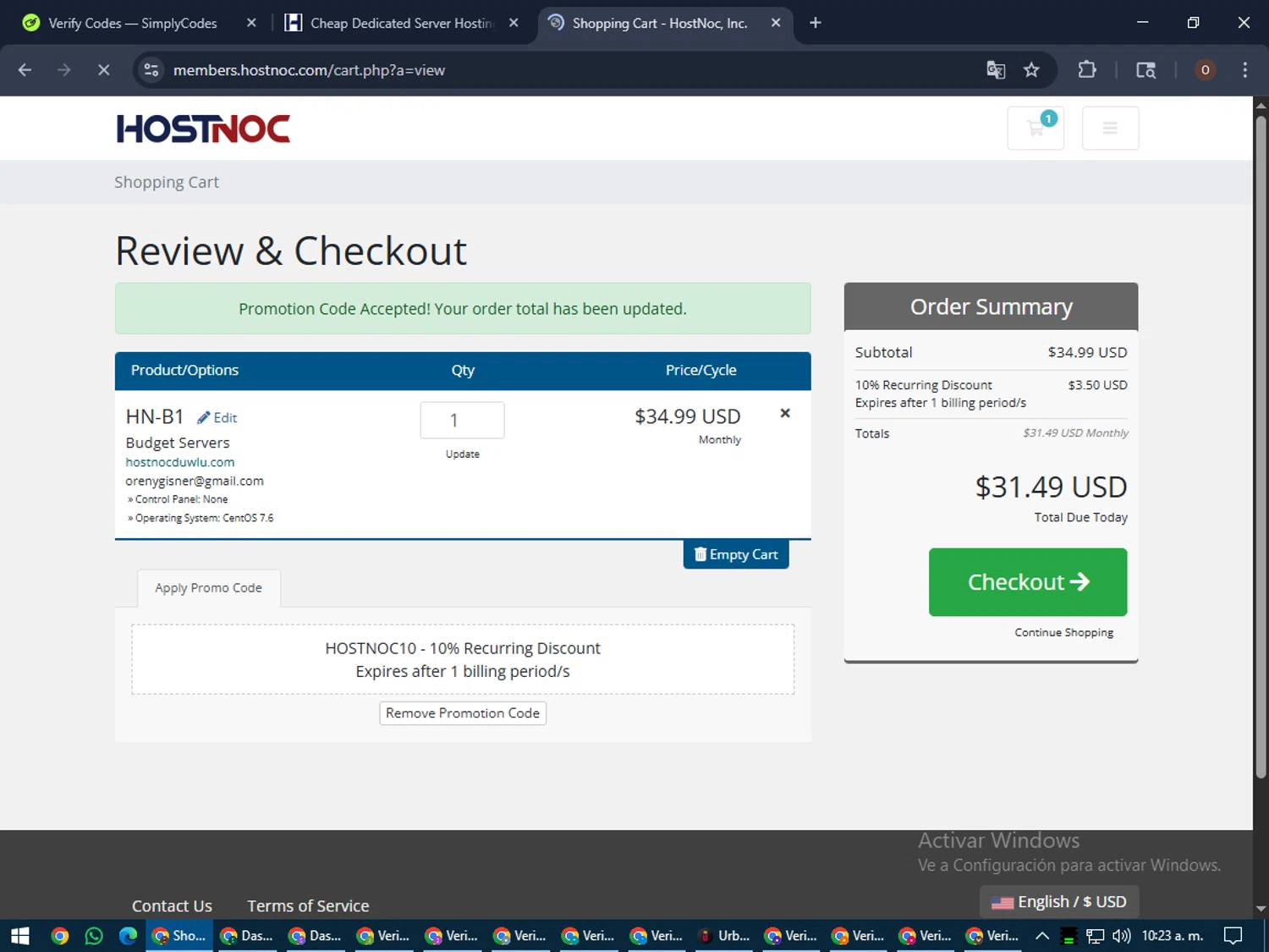HostNoc promo code screenshot showing code HOSTNOC10 applied at HostNoc checkout page. Uploaded by SimplyCodes community member Legendar on Jul 14, 2025