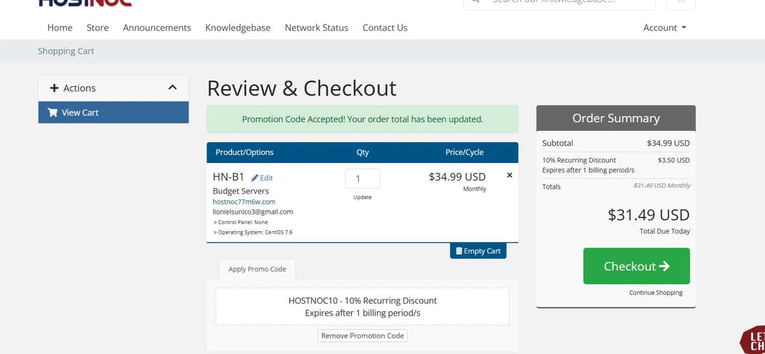 HostNoc promo code screenshot showing code HOSTNOC10 applied at HostNoc checkout page. Uploaded by SimplyCodes community member Lioniel on Jun 14, 2025