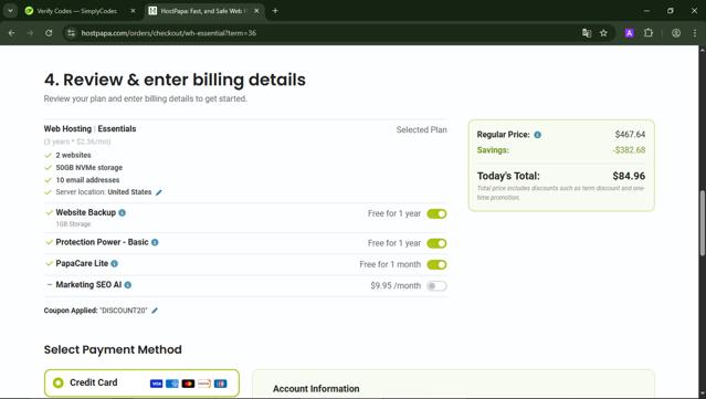 HostPapa checkout page showing HostPapa promo code box | Screenshot taken by SimplyCodes community member on Jun 10, 2025