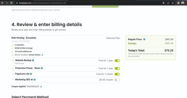 HostPapa checkout page showing HostPapa promo code box | Screenshot taken by SimplyCodes community member on Sep 11, 2025