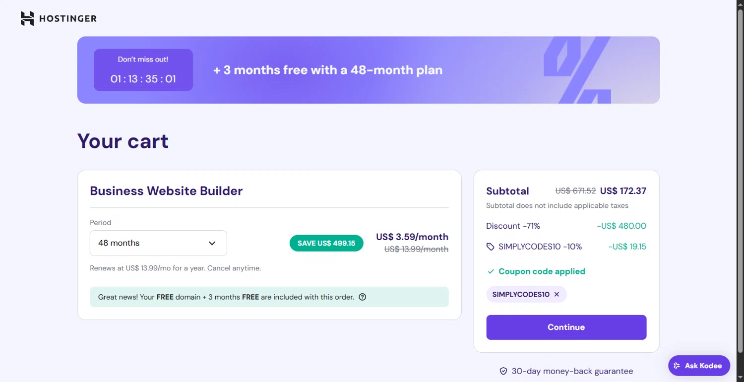 Hostinger Website Builder coupon code screenshot showing code SIMPLYCODES10 applied at Hostinger Website Builder checkout page. Uploaded by SimplyCodes community member DiscountTracker247 on May 21, 2025