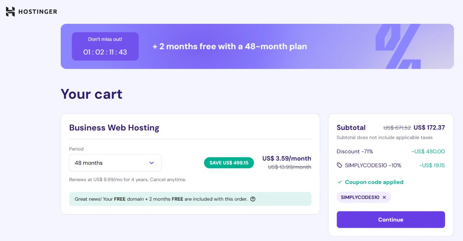 Hostinger Website Builder coupon code screenshot showing code SIMPLYCODES10 applied at Hostinger Website Builder checkout page. Uploaded by SimplyCodes community member angelavidal on Apr 27, 2025