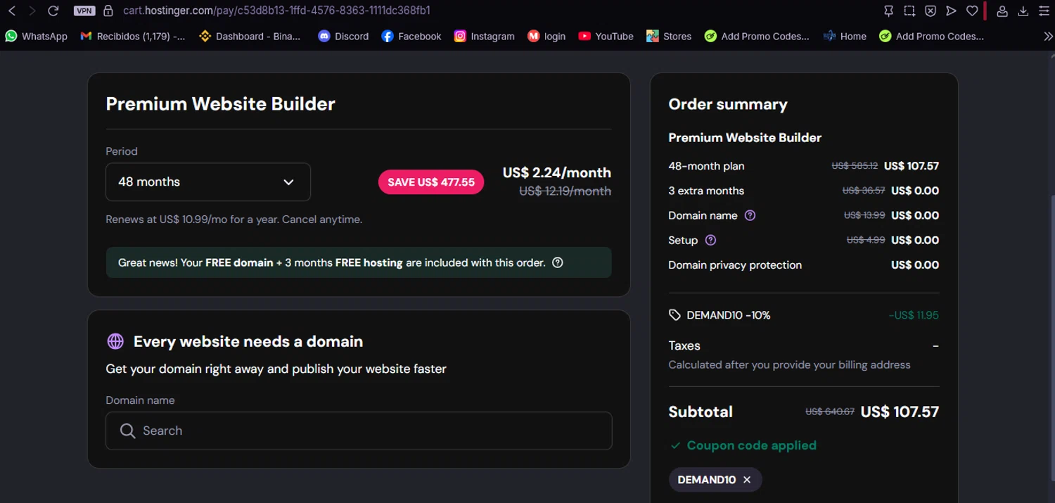 Hostinger Website Builder coupon code screenshot showing code DEMAND10 applied at Hostinger Website Builder checkout page. Uploaded by SimplyCodes community member CoinMaverick1452 on Oct 22, 2025