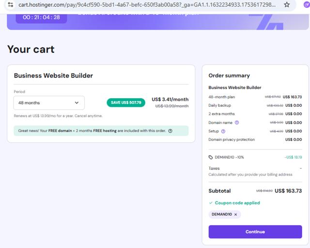 Hostinger Website Builder checkout page showing Hostinger Website Builder coupon code box | Screenshot taken by SimplyCodes community member on Jul 27, 2025