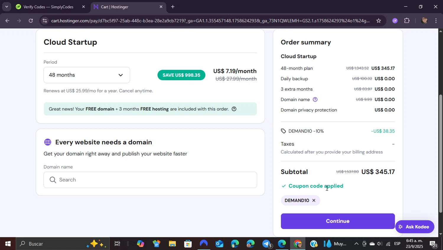 Hostinger Website Builder coupon code screenshot showing code DEMAND10 applied at Hostinger Website Builder checkout page. Uploaded by SimplyCodes community member ShieldEagle9436 on Sep 23, 2025