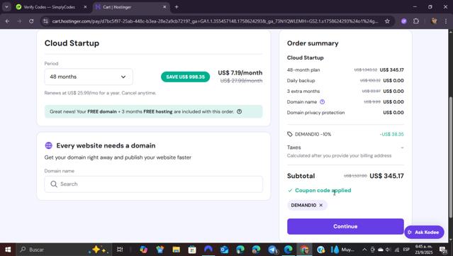 Hostinger Website Builder checkout page showing Hostinger Website Builder coupon code box | Screenshot taken by SimplyCodes community member on Sep 23, 2025