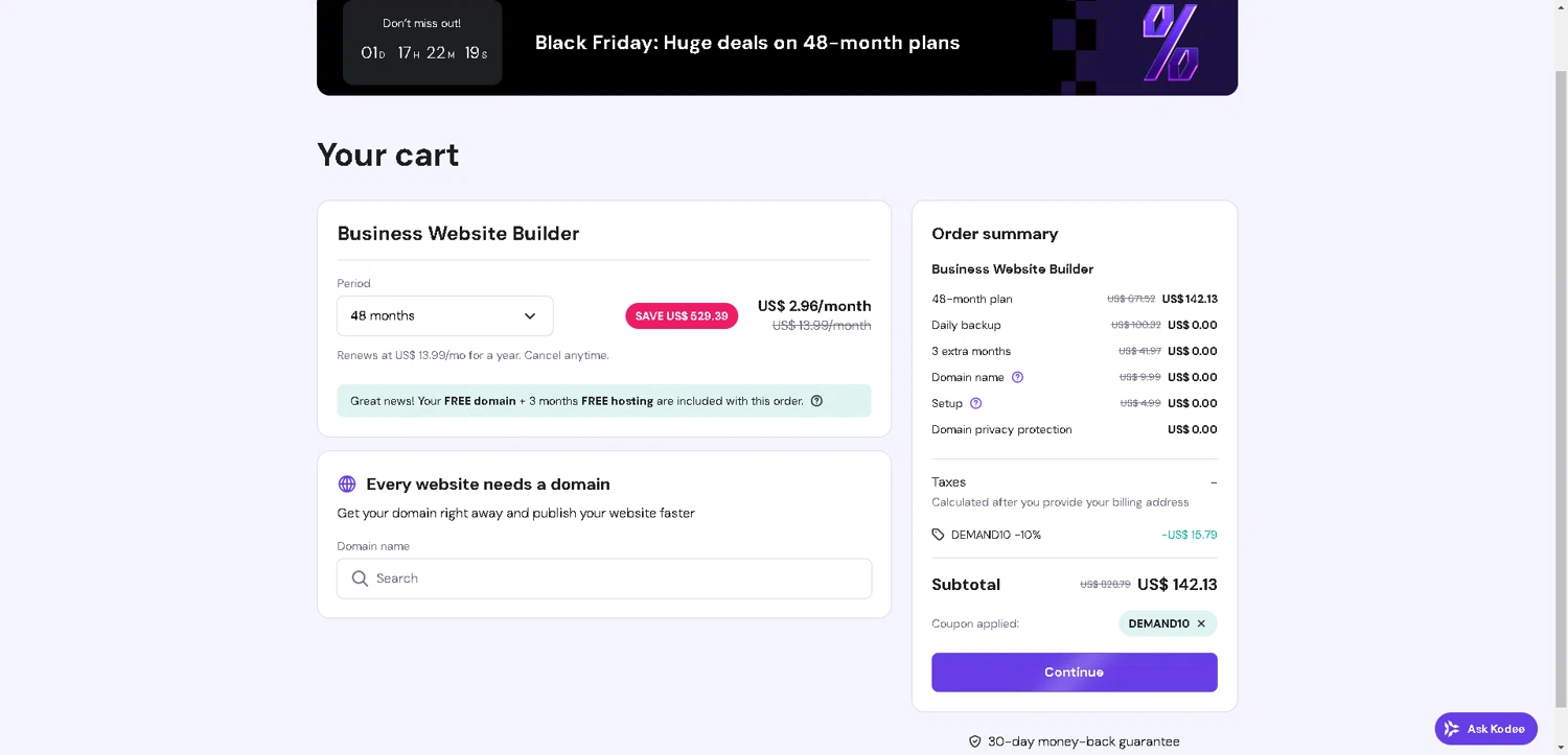 Hostinger Website Builder coupon code screenshot showing code DEMAND10 applied at Hostinger Website Builder checkout page. Uploaded by SimplyCodes community member ValueWarden2887 on Oct 31, 2025