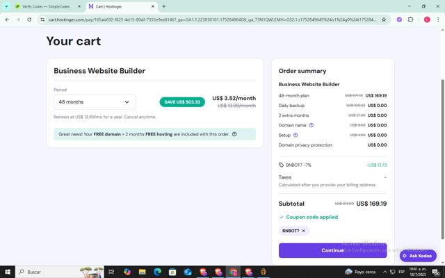 Hostinger Website Builder checkout page showing Hostinger Website Builder coupon code box | Screenshot taken by SimplyCodes community member on Jul 18, 2025