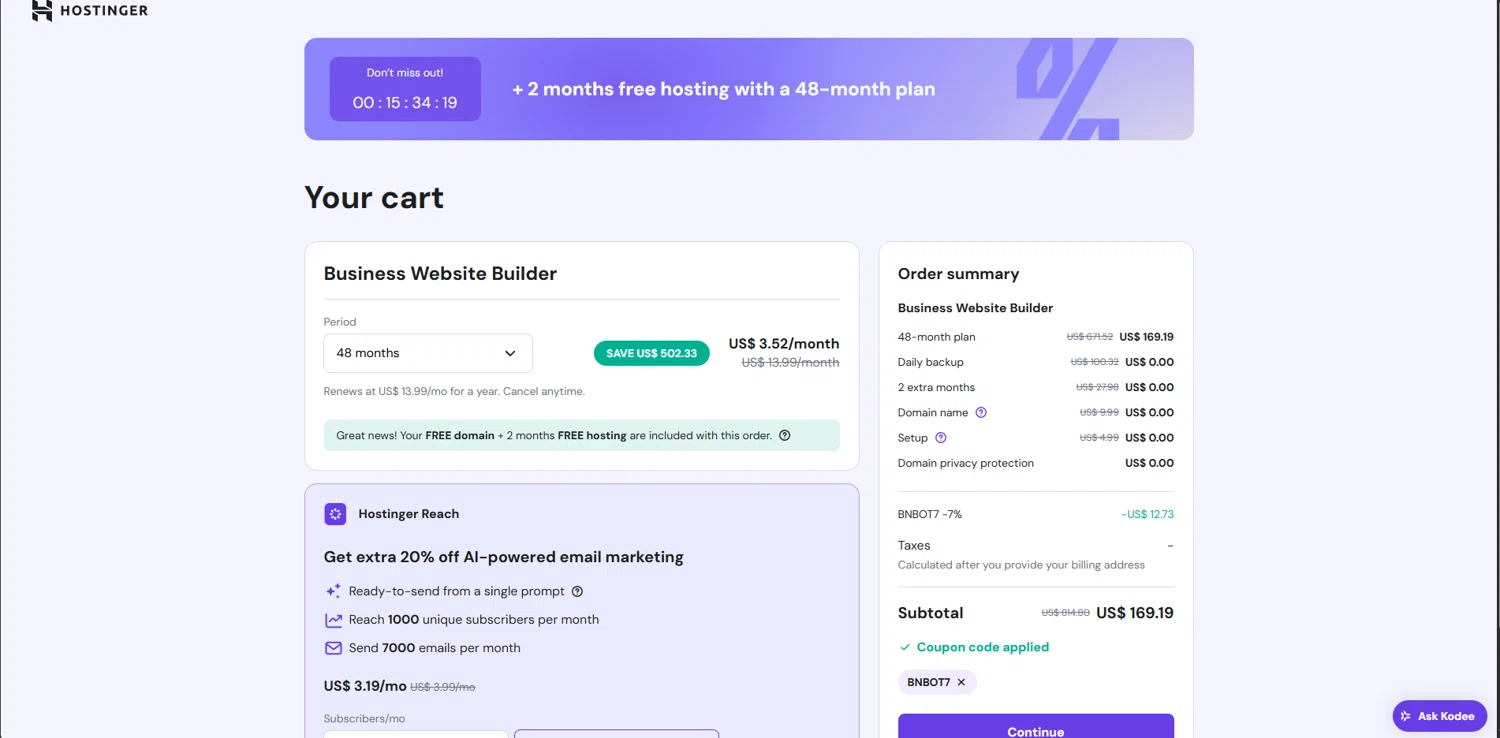 Hostinger Website Builder checkout page showing Hostinger Website Builder coupon code box | Screenshot taken by SimplyCodes community member on Sep 14, 2025