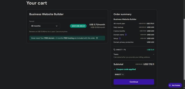 Hostinger Website Builder checkout page showing Hostinger Website Builder coupon code box | Screenshot taken by SimplyCodes community member on Aug 16, 2025