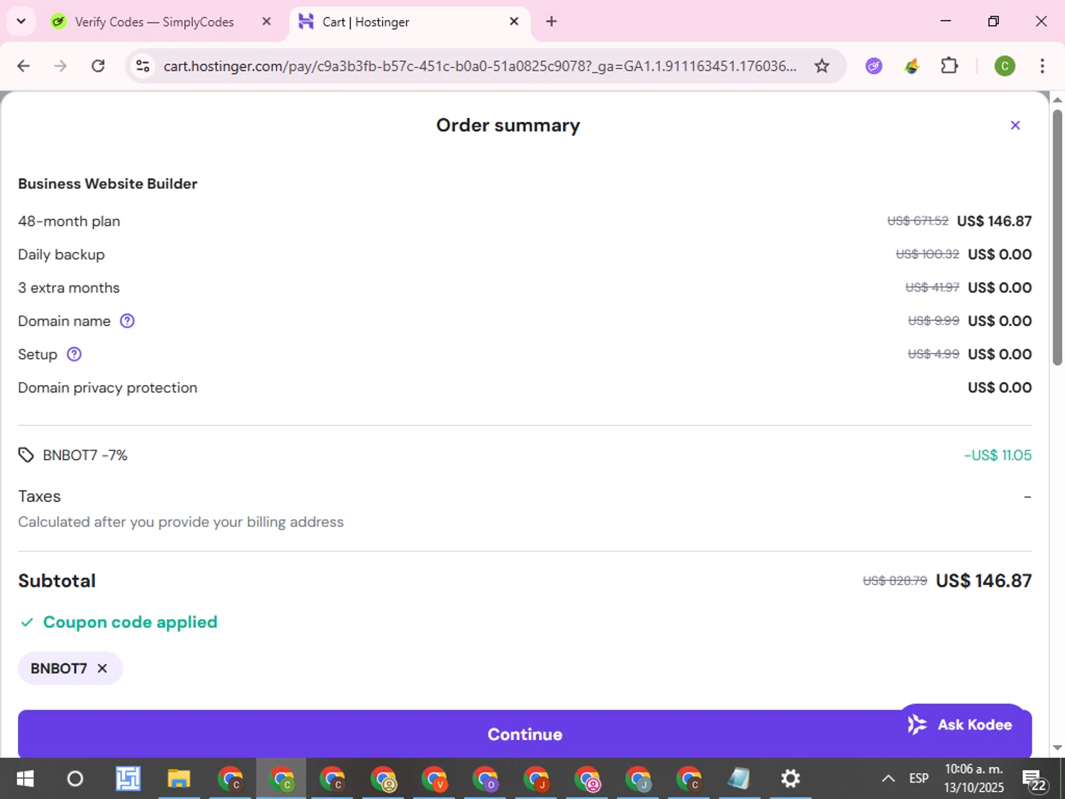 Hostinger Website Builder coupon code screenshot showing code BNBOT7 applied at Hostinger Website Builder checkout page. Uploaded by SimplyCodes community member RoyalKnight4673 on Oct 13, 2025