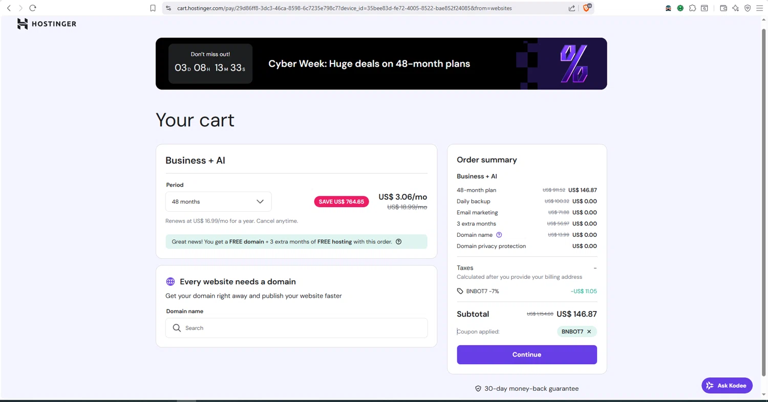 Hostinger Website Builder coupon code screenshot showing code BNBOT7 applied at Hostinger Website Builder checkout page. Uploaded by SimplyCodes community member dayselis15 on Dec 9, 2025