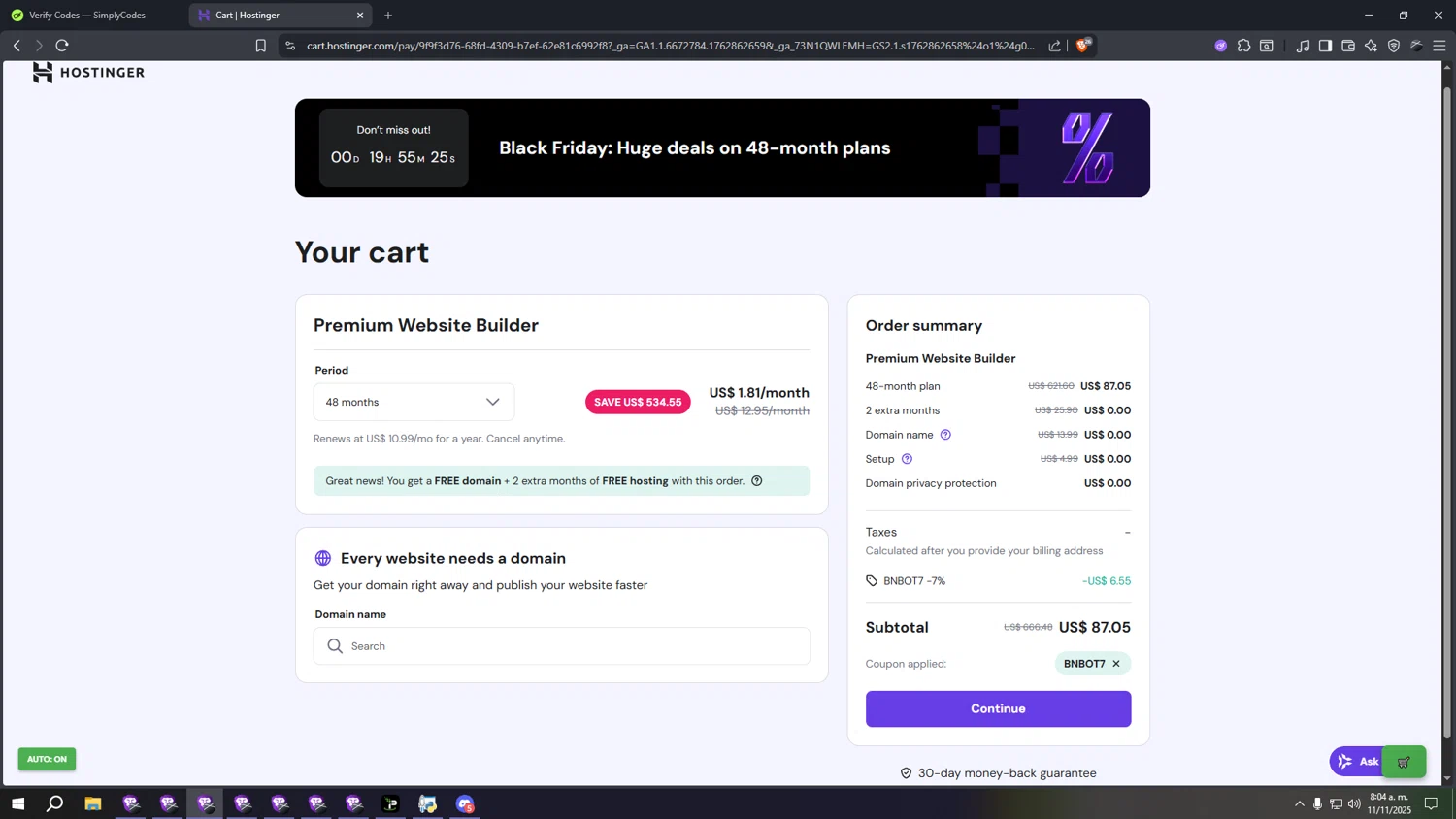 Hostinger Website Builder coupon code screenshot showing code BNBOT7 applied at Hostinger Website Builder checkout page. Uploaded by SimplyCodes community member sssssssssssssssssssssssss on Nov 11, 2025