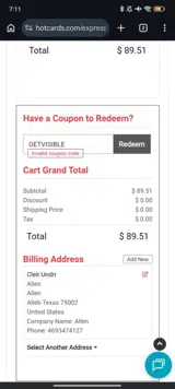 Hot Cards coupon verification screenshot