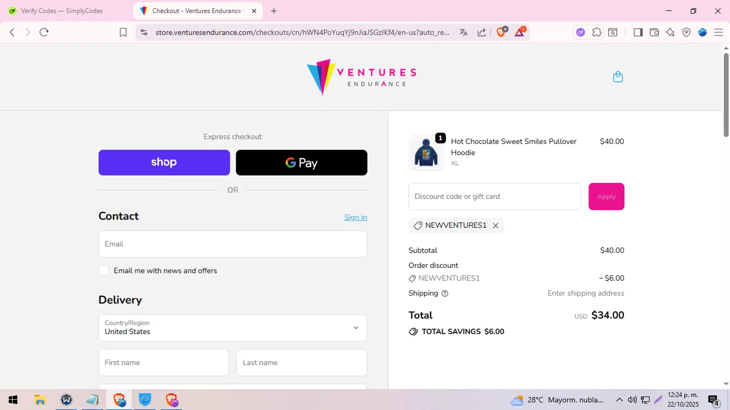 Hot Chocolate 15K/5K promo code screenshot showing code NEWVENTURES1 applied at Hot Chocolate 15K/5K checkout page. Uploaded by SimplyCodes community member MoneySeeker8573 on Oct 22, 2025