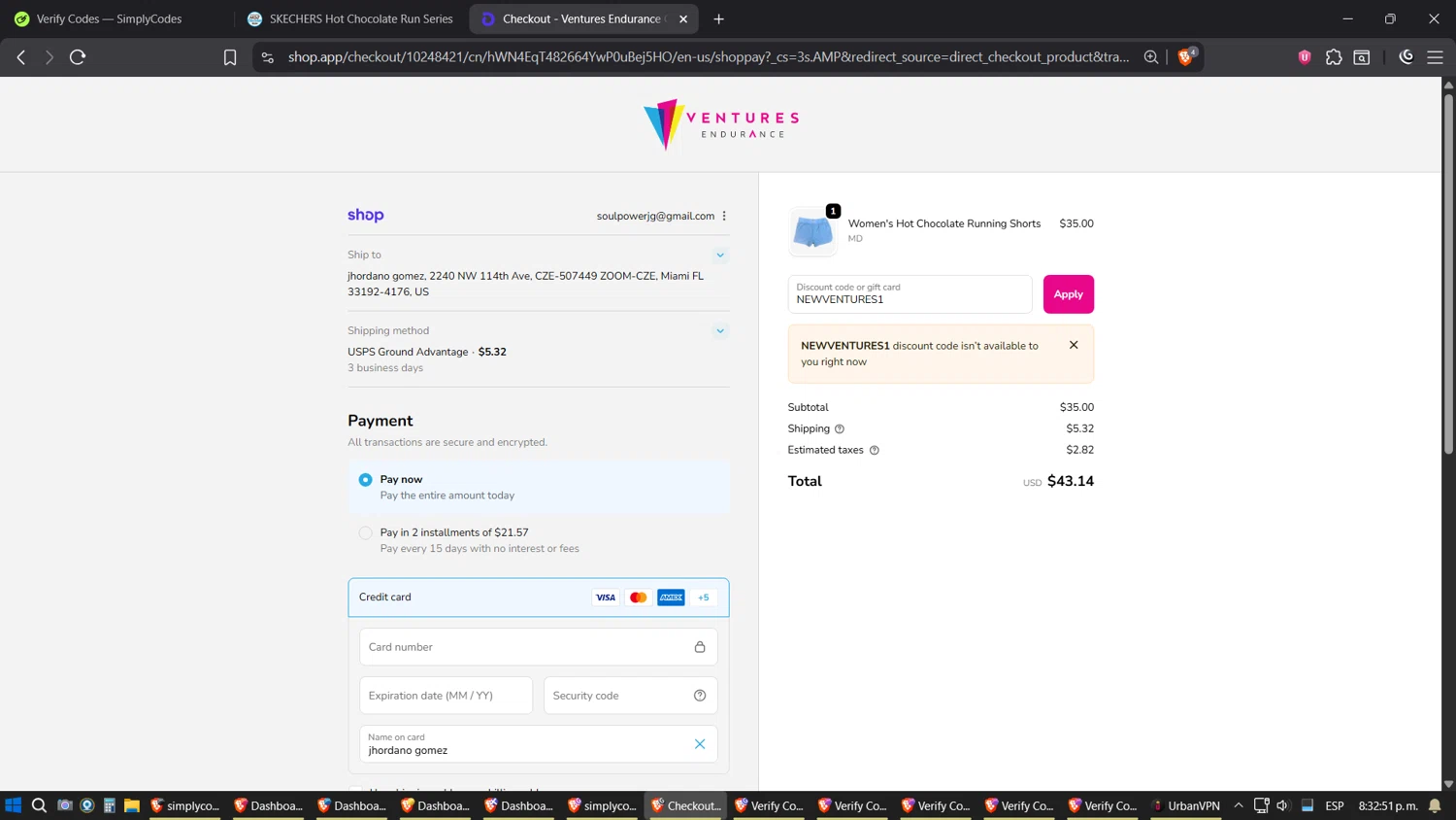 Hot Chocolate 15K/5K promo code screenshot showing code NEWVENTURES1 applied at Hot Chocolate 15K/5K checkout page. Uploaded by SimplyCodes community member Shizuku on Oct 18, 2025