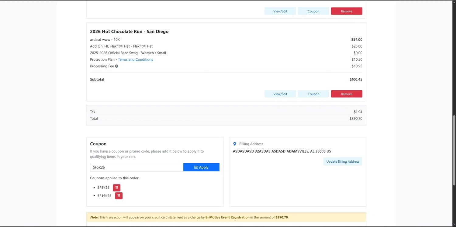 Hot Chocolate 15K/5K promo code screenshot showing code SF5K26 applied at Hot Chocolate 15K/5K checkout page. Uploaded by SimplyCodes community member Depressive on Aug 24, 2025