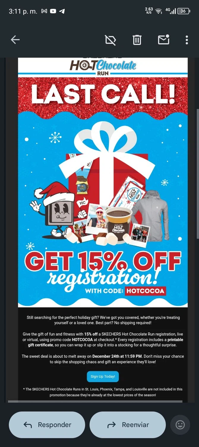 Hot Chocolate 15K/5K promo code screenshot showing code HOTCOCOA applied at Hot Chocolate 15K/5K checkout page. Uploaded by SimplyCodes community member juanvargas1 on Dec 22, 2025