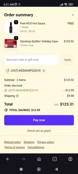 JUSTLIKEDADSPIZZA10 coupon verification screenshot