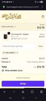 Welcome15 coupon verification screenshot