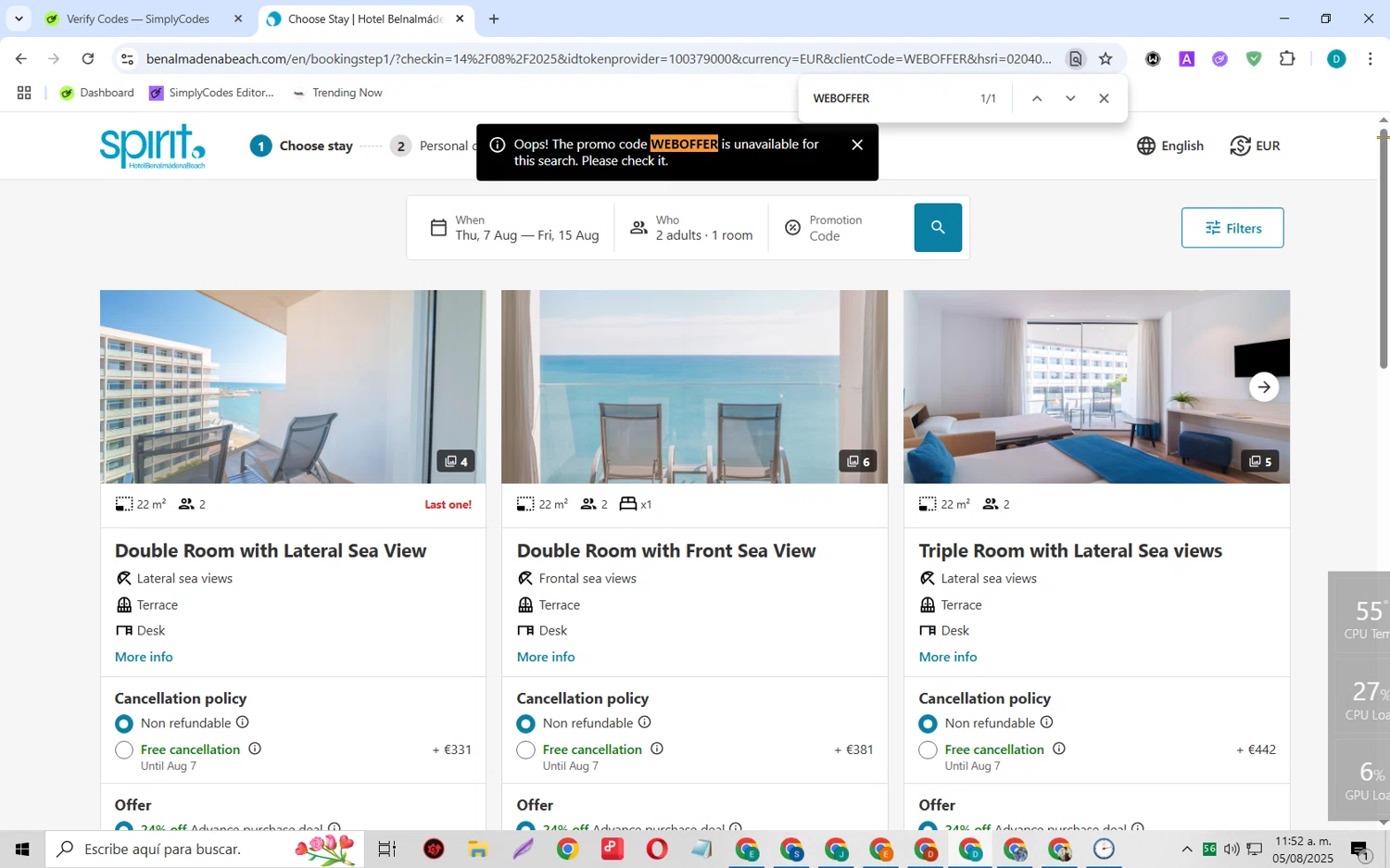 Spirit Hotel Benalmadena Beach promo code screenshot showing code WEBOFFER applied at Spirit Hotel Benalmadena Beach checkout page. Uploaded by SimplyCodes community member MagnificentCollector5368 on Aug 5, 2025