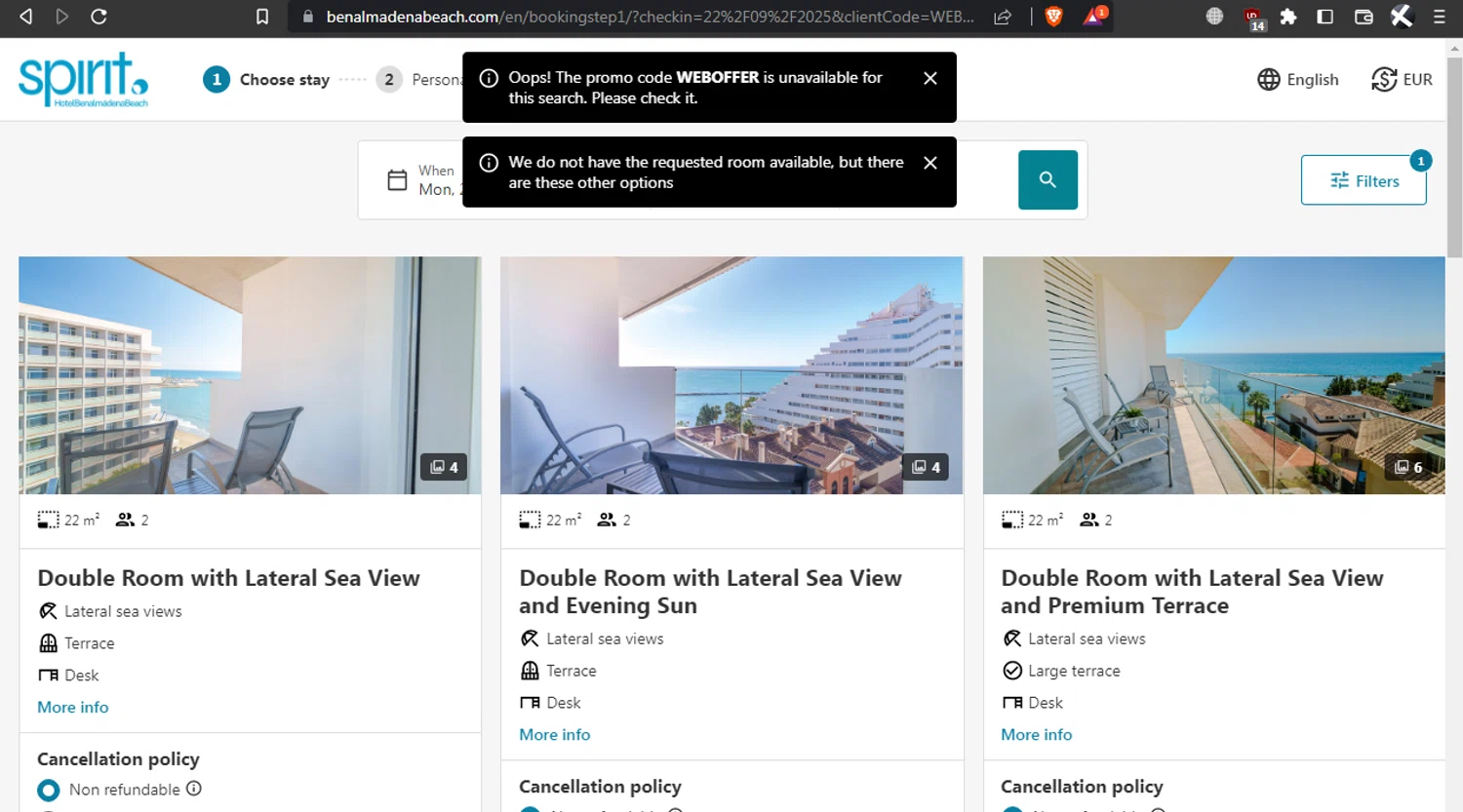 Spirit Hotel Benalmadena Beach promo code screenshot showing code WEBOFFER applied at Spirit Hotel Benalmadena Beach checkout page. Uploaded by SimplyCodes community member l2994552451687 on Aug 5, 2025
