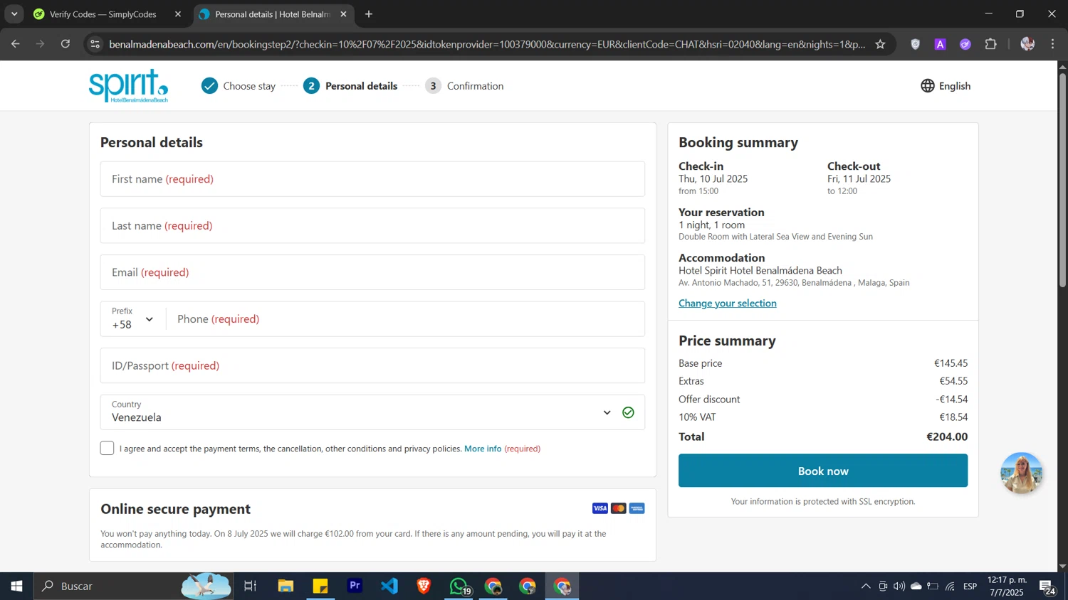 Spirit Hotel Benalmadena Beach promo code screenshot showing code CHAT applied at Spirit Hotel Benalmadena Beach checkout page. Uploaded by SimplyCodes community member Pansito on Jul 7, 2025