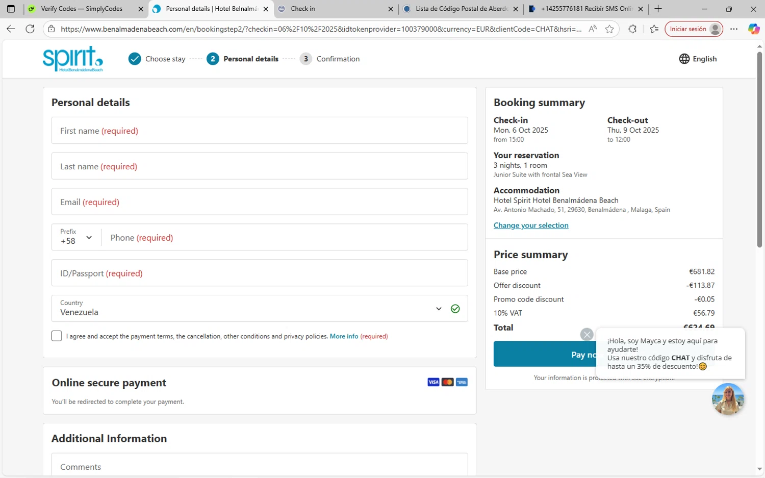 Spirit Hotel Benalmadena Beach promo code screenshot showing code CHAT applied at Spirit Hotel Benalmadena Beach checkout page. Uploaded by SimplyCodes community member SavvyWizard7346 on Oct 2, 2025