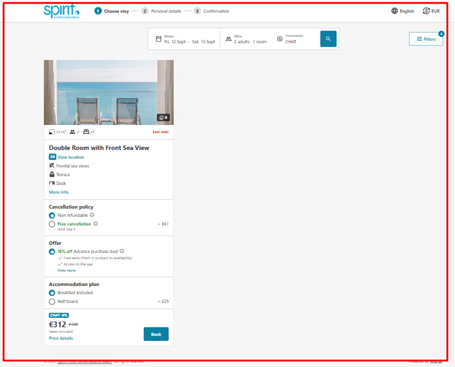 Spirit Hotel Benalmadena Beach promo code screenshot showing code CHAT applied at Spirit Hotel Benalmadena Beach checkout page. Uploaded by SimplyCodes community member mildredarteaga on Aug 5, 2025
