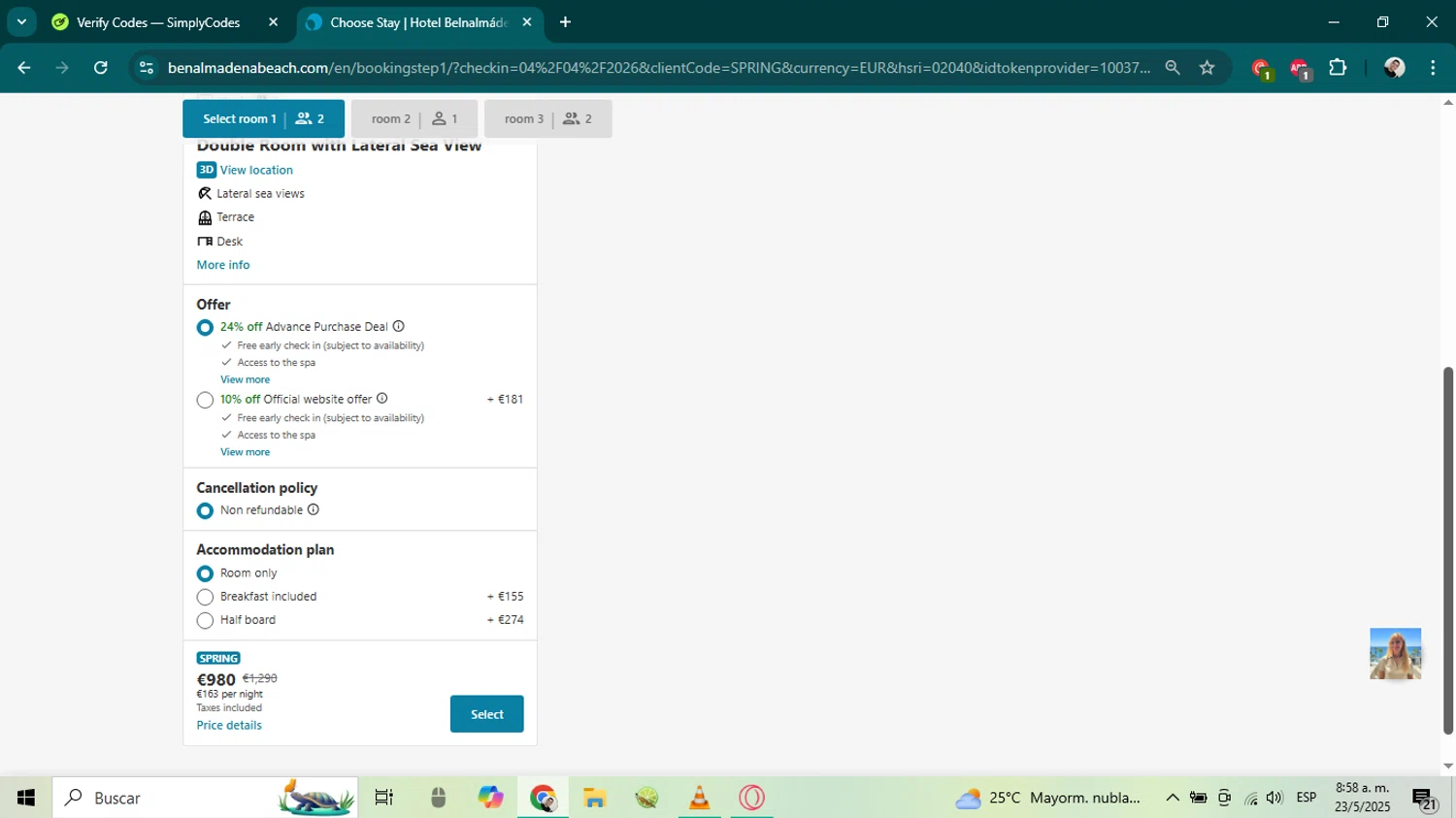 Spirit Hotel Benalmadena Beach promo code screenshot showing code SPRING applied at Spirit Hotel Benalmadena Beach checkout page. Uploaded by SimplyCodes community member ArtemixX13 on May 23, 2025