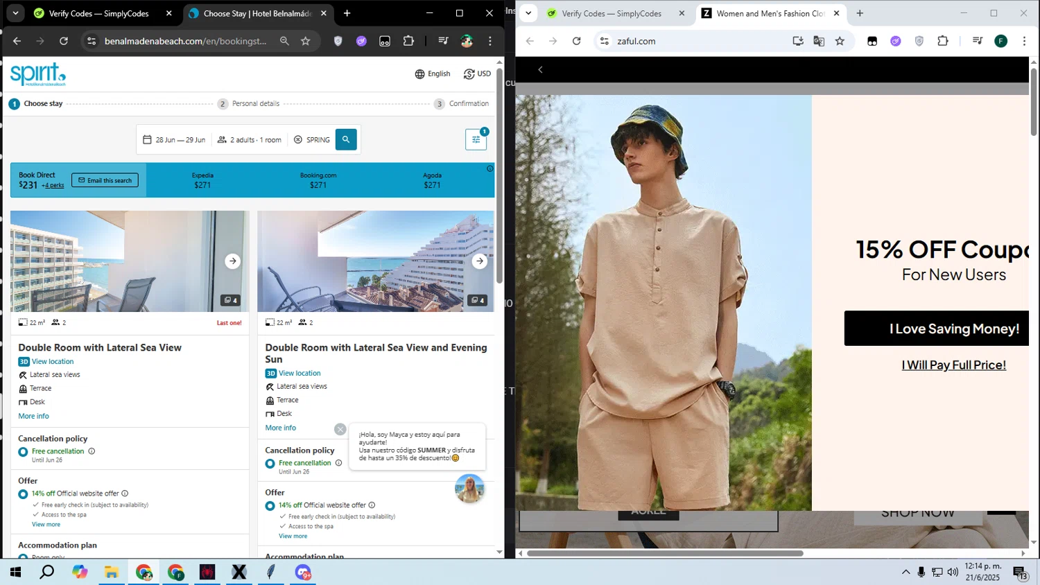 Spirit Hotel Benalmadena Beach promo code screenshot showing code SPRING applied at Spirit Hotel Benalmadena Beach checkout page. Uploaded by SimplyCodes community member franalepe on Jun 21, 2025