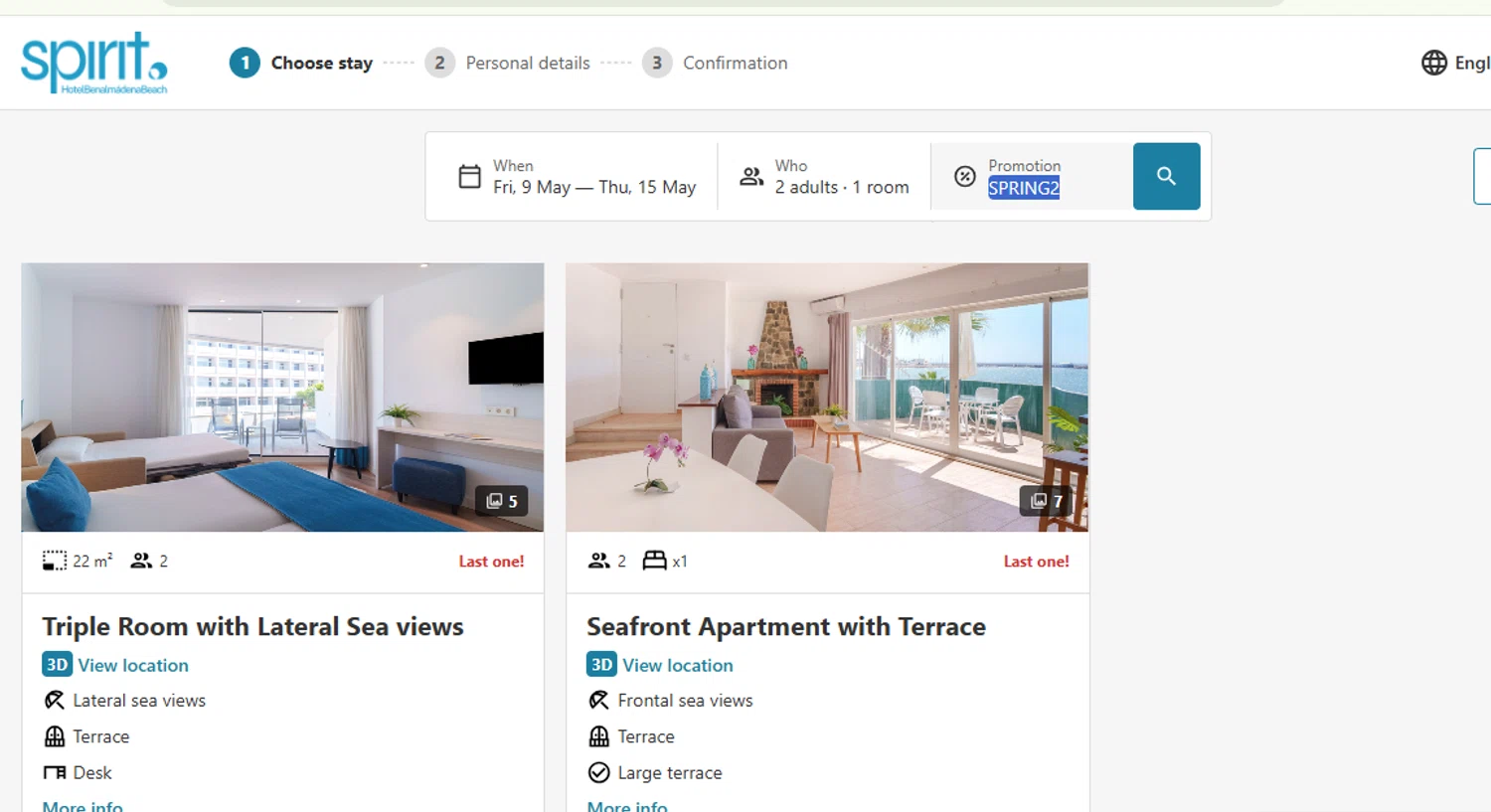 Spirit Hotel Benalmadena Beach promo code screenshot showing code SPRING2 applied at Spirit Hotel Benalmadena Beach checkout page. Uploaded by SimplyCodes community member Fish3r on May 8, 2025